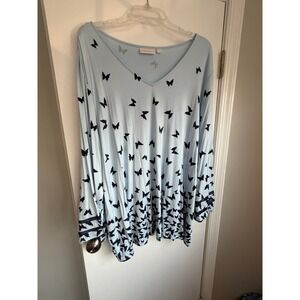 Belle by Kim Gravel Light Blue Butterfly Print V-Neck Tunic Top 3X Mesh Sleeves